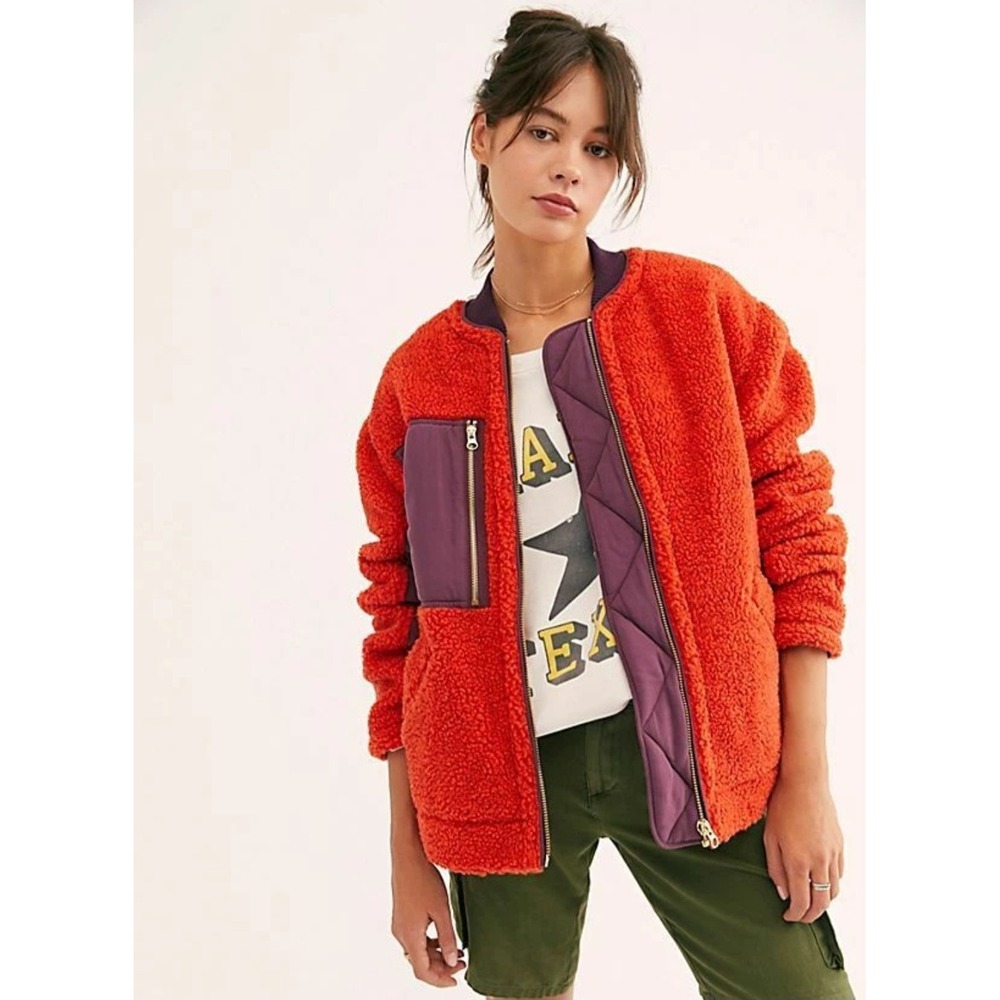 We The Free People Rivington Red Purple Sherpa Fleece Bomber Jacket Womens Small